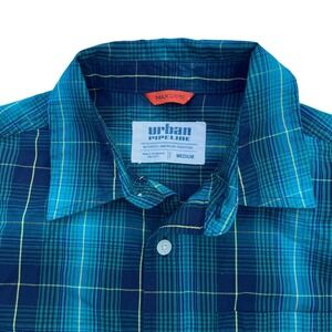 Boys Long Sleeve Med (14) Shirt Button Down Green Blue Plaid Urban Pipeline